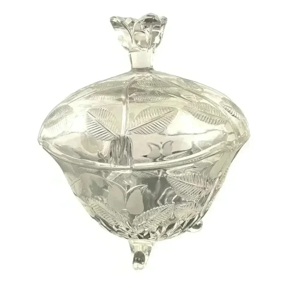 VTG Clear Crystal‎ Glass Footed Candy Dish with Lid Etched Tulip Pattern